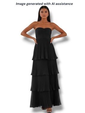 NWT Lulus M black strapless pleated tiered maxi dress